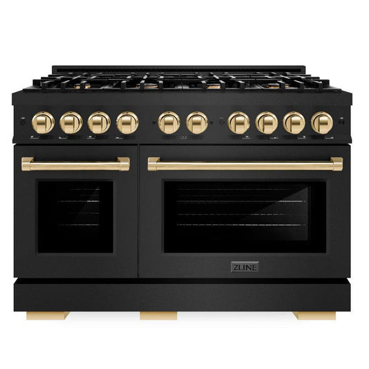 ZLINE 48 in. Dual Fuel Range 6.7 cu. ft. Double Oven with 8 Gas Burners, Black Stainless Steel with Polished Gold Accents (HDRBZ-48-G)
