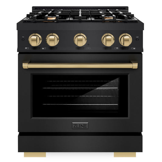 ZLINE 30 in. Gas Range – 4 Burners, 4.2 cu. ft. Convection Oven, Black Stainless Steel with Champagne Bronze Accents (HGRBZ-30-CB)