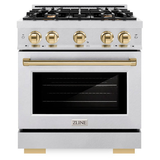 ZLINE 30 in. Gas Range 4.2 cu. ft. Select Series Convection Oven with 4 Burner Cooktop, Satin Stainless Steel & Polished Gold Accents (HGRSZ-30-G)