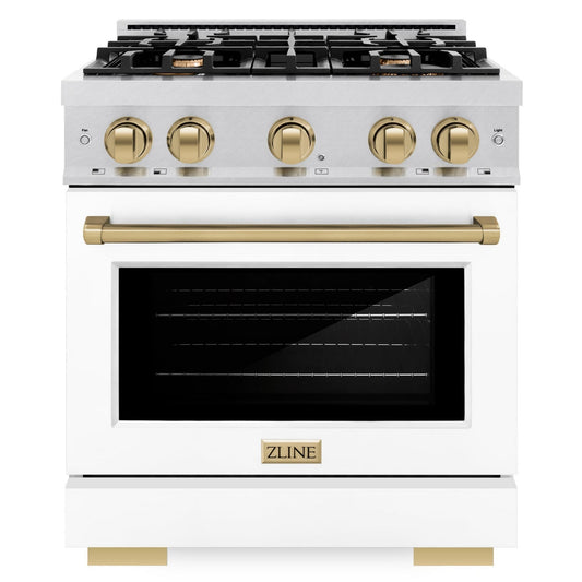ZLINE Autograph Edition 30 in. Dual Fuel Range, 4 Burners Gas Cooktop, Electric Convection Oven, Satin Stainless Steel with White Matte Door and Champagne Bronze Accents (HDRSZ-WM-30-CB)