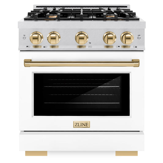 ZLINE 30 in. Dual Fuel Range 4.2 cu. ft. 4 Burner Gas Cooktop Electric Convection Oven Satin Stainless Steel White Matte Door Polished Gold Accents (HDRSZ-WM-30-G)