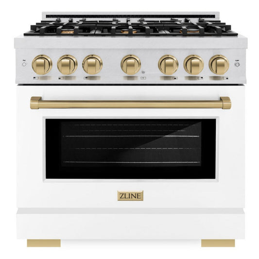 ZLINE 36 in. Dual Fuel Range 5.2 cu. ft. with 6 Burner Gas Cooktop, Electric Convection Oven, Satin Stainless Steel, White Matte Door & Champagne Bronze Accents (HDRSZ-WM-36-CB)