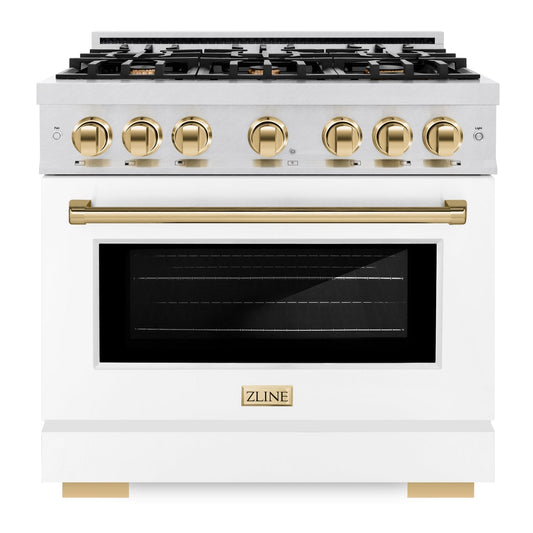ZLINE 36 in. Gas Range 5.2 cu. ft. 6 Burner Cooktop Convection Gas Oven Satin Stainless Steel White Matte Door Polished Gold Accents (HGRSZ-WM-36-G)
