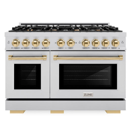 ZLINE 48 in. Gas Range Double Oven 6.7 cu. ft. 8 Burners Stainless Steel with Polished Gold Accents (HGRZ-48-G)