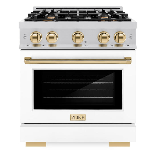 ZLINE 30 in. Select Dual Fuel Range 4.2 cu. ft. 4 Burner Gas Cooktop Electric Convection Oven Stainless Steel White Matte Door Polished Gold Accents (HDRZ-WM-30-G)