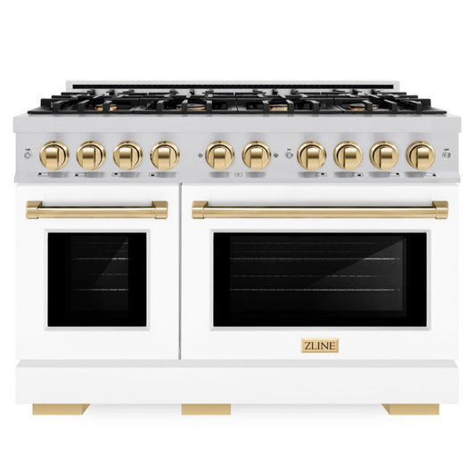 ZLINE Autograph Edition 48 in. Select Double Oven Dual Fuel Range, 6.7 cu. ft., 8 Burner Gas Cooktop, Electric Convection Ovens, Stainless Steel with White Matte Doors & Polished Gold Accents (HDRZ-WM-48-G)