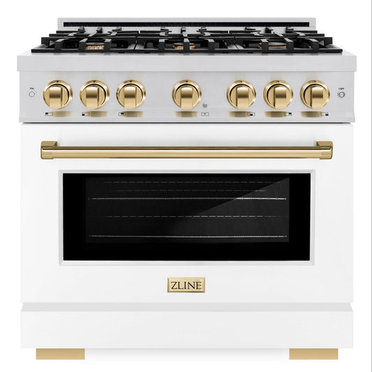 ZLINE Autograph Edition 36 in. Select Gas Range with 6 Burners, 5.2 cu. ft. Oven, Stainless Steel with White Matte Door and Polished Gold Accents (HGRZ-WM-36-G)