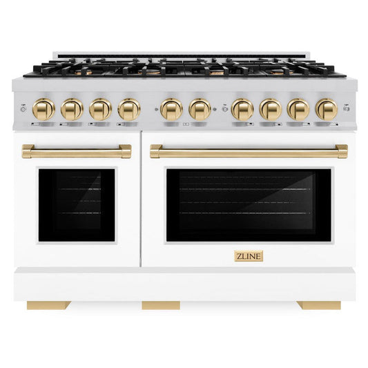 ZLINE 48 in. Double Oven Gas Range 6.7 cu. ft. 8 Burners Stainless Steel White Matte Doors Polished Gold Accents (HGRZ-WM-48-G)