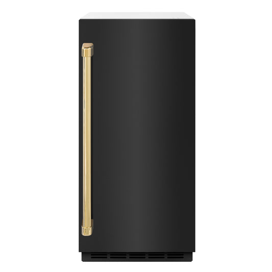 ZLINE Autograph 15" Touchstone Clear Cube Ice Maker with Drain Pump and Black Stainless Steel Door with Polished Gold Handle, ICCDZ-BS-15-G