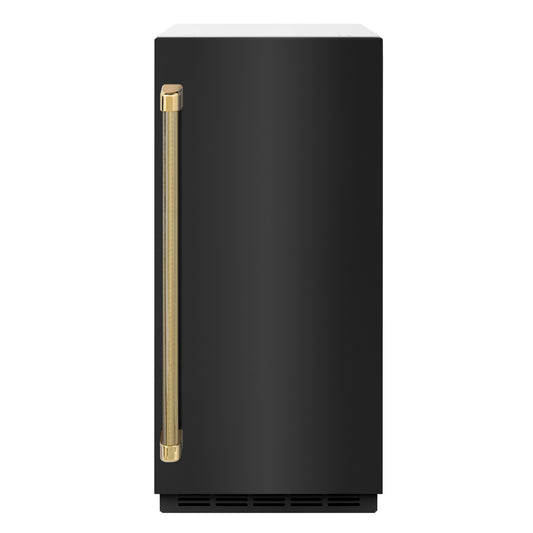 ZLINE Autograph 15" Touchstone Gourmet Ice Maker with Drain Pump and Black Stainless Steel Door with Polished Gold Helix Handle, IGMDZ-BS-15-KG
