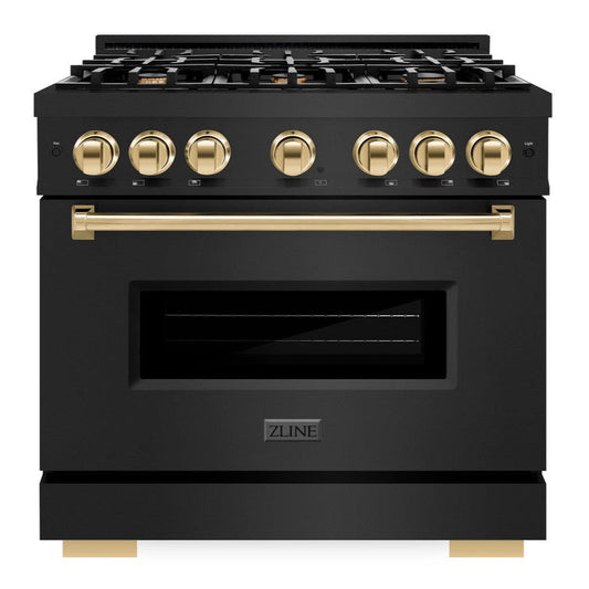 ZLINE 36 in. Gas Range – 5.2 cu. ft. – 6 Burner Cooktop – Black Stainless Steel with Polished Gold Accents (CGRBZ-36-G)