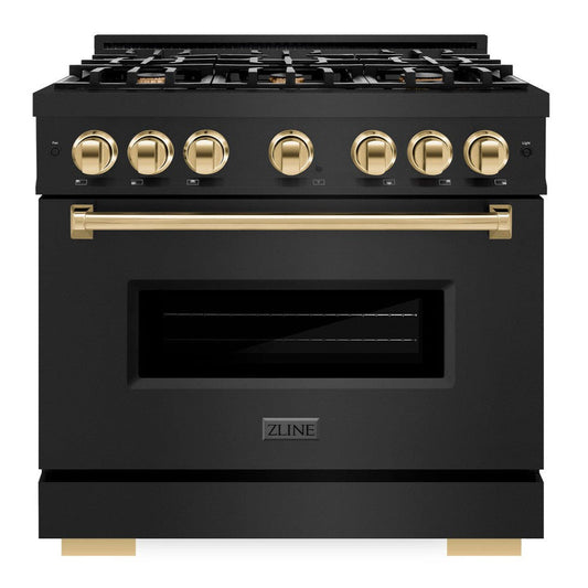 ZLINE 36 in. Dual Fuel Range 5.2 cu. ft. 6 Burner Gas Cooktop Electric Convection Oven Black Stainless Steel with Polished Gold Accents (CDRBZ-36-G)