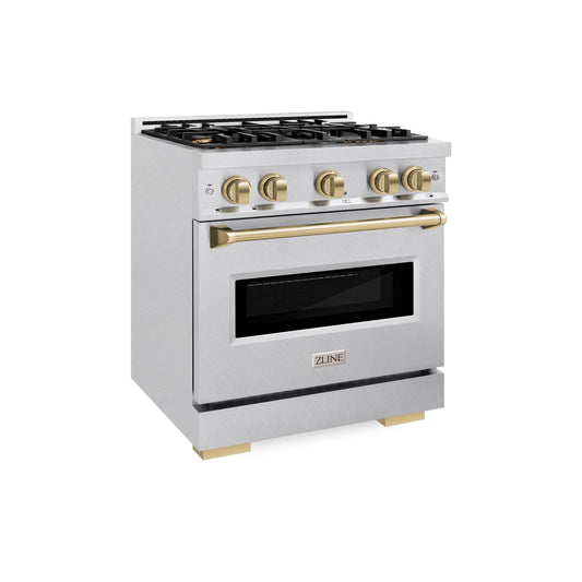 ZLINE Autograph Edition 30 in. Classic Dual Fuel Range, 4.2 cu. ft., 4 Burner Gas Cooktop with Electric Convection Oven, Satin Stainless Steel with Champagne Bronze Accents (CDRSZ-30-CB)