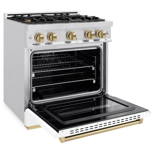 ZLINE Autograph Edition 30 in. Classic Dual Fuel Range, 4.2 cu. ft., 4 Burner Gas Cooktop with Electric Convection Oven, Satin Stainless Steel with White Matte Door and Champagne Bronze Accents (CDRSZ-WM-30-CB)