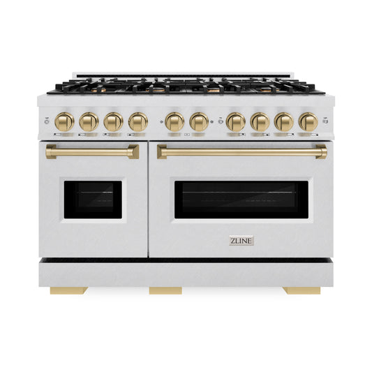 ZLINE 48 in. Dual Fuel Range Double Oven 6.7 cu. ft. Capacity 8 Brass Burners Satin Stainless Steel Champagne Bronze Accents (CDRSZ-48-CB)