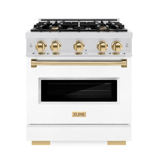 ZLINE 30 in. Dual Fuel Range 4.2 cu. ft. Gas Cooktop with 4 Burners and Electric Convection Oven, Satin Stainless Steel with White Matte Door and Polished Gold Accents (CDRSZ-WM-30-G)
