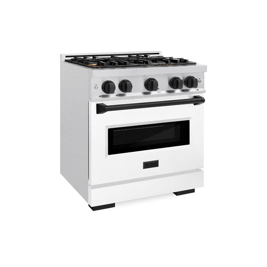 ZLINE Autograph Edition 30 in. Classic Dual Fuel Range 4.2 cu. ft. with 4 Burner Gas Cooktop and Electric Convection Oven in Satin Stainless Steel with White Matte Door and Matte Black Accents (CDRSZ-WM-30-MB)