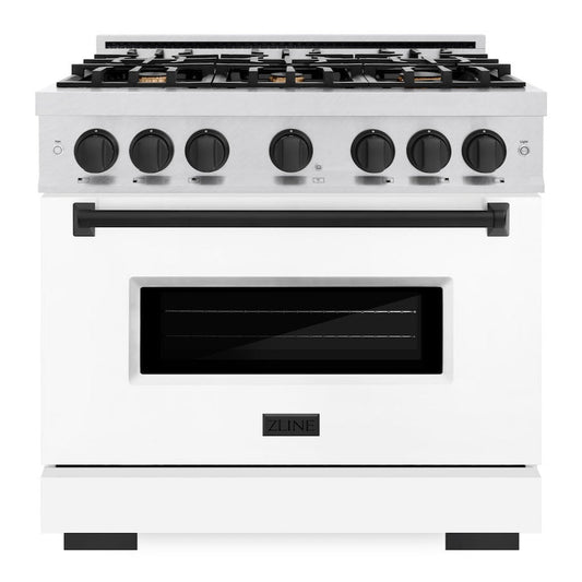 ZLINE 36 in. Dual Fuel Range 5.2 cu. ft. 6 Burner Gas Cooktop Electric Convection Oven Satin Stainless Steel White Matte Door Matte Black Accents (CDRSZ-WM-36-MB)
