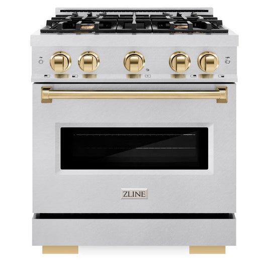 ZLINE Autograph Edition 30 in. Classic Dual Fuel Range with 4 Burner Gas Cooktop and Electric Convection Oven, 4.2 cu. ft., Satin Stainless Steel with Polished Gold Accents (CDRSZ-30-G)