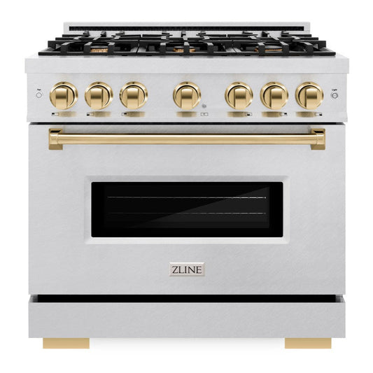 ZLINE 36 in. Dual Fuel Range 5.2 cu. ft. with 6 Burner Gas Cooktop, Electric Convection Oven, Satin Stainless Steel, Polished Gold Accents (CDRSZ-36-G)
