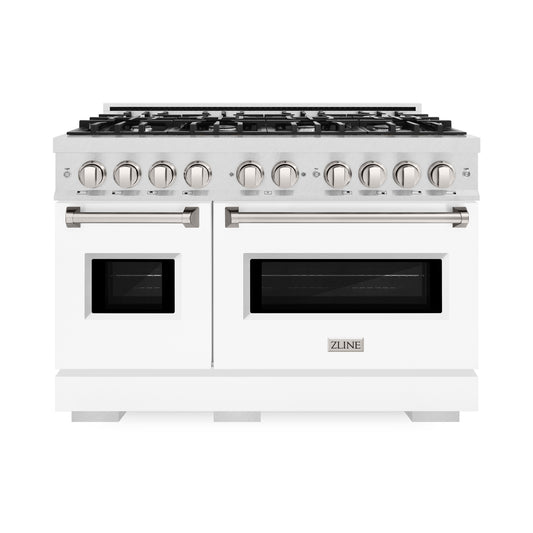 ZLINE 48 in. Dual Fuel Range – Double Oven, 8 Burner Gas Cooktop, 6.7 cu. ft., Satin Stainless Steel with White Matte Doors (CDRS-WM-48)