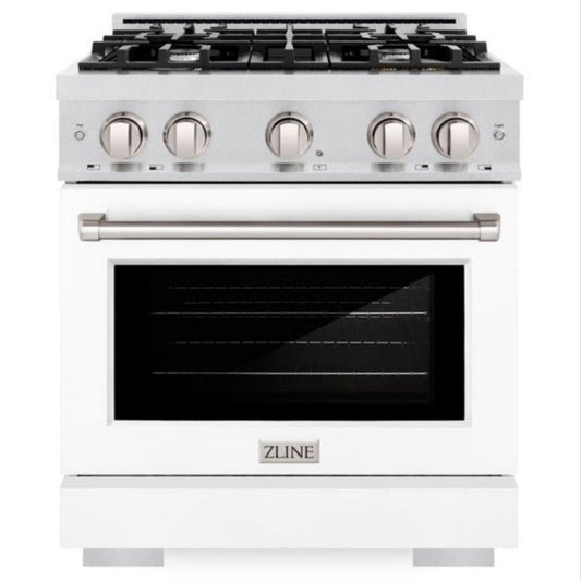 ZLINE 30 in. Select Dual Fuel Range, 4.2 cu. ft., 4 Burner Gas Cooktop with Electric Convection Oven, Satin Stainless Steel with White Matte Door, MODEL HDRS-WM-30