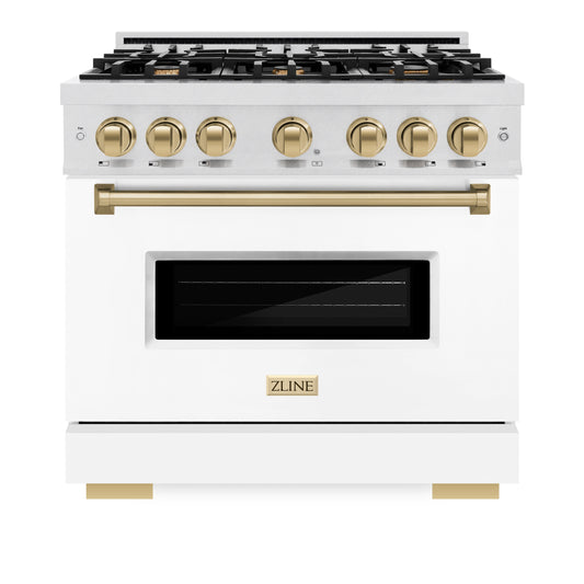 ZLINE 36 in. Classic Gas Range 5.2 cu. ft. – 6 Burner Cooktop, Convection Gas Oven, Satin Stainless Steel, White Matte Door, Champagne Bronze Accents (CGRSZ-WM-36-CB)