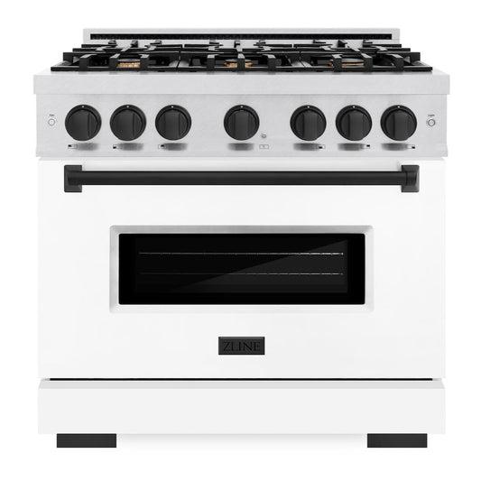 ZLINE 36 in. Gas Range 5.2 cu. ft. 6 Burner Cooktop Convection Gas Oven Satin Stainless Steel with White Matte Door & Matte Black Accents (CGRSZ-WM-36-MB)
