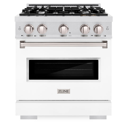 ZLINE 30 in. Classic Dual Fuel Range, 4.2 cu. ft., 4 Gas Burners, Electric Convection Oven, Satin Stainless Steel with White Matte Door (CDRS-WM-30)
