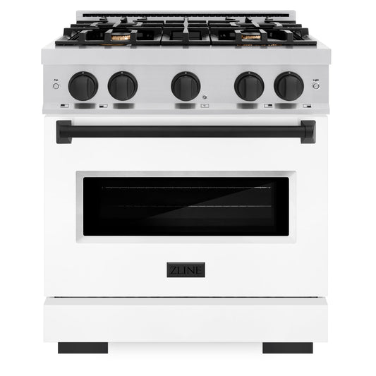 ZLINE Autograph Edition 30 in. Classic Dual Fuel Range, 4 Burners, 4.2 cu. ft. Oven, Stainless Steel with White Matte Door and Matte Black Accents (CDRZ-WM-30-MB)