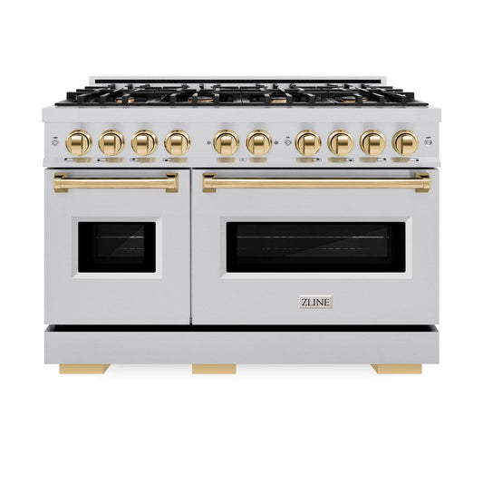 ZLINE 48 in. Dual Fuel Range 6.7 cu. ft. Double Oven 8 Burner Cooktop Stainless Steel with Polished Gold Accents (CDRZ-48-G)