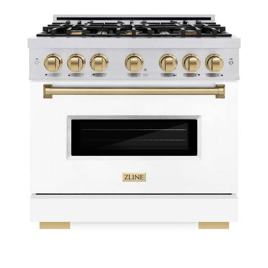 ZLINE 36 in. Gas Range 5.2 cu. ft. 6 Burners Stainless Steel with White Matte Door and Champagne Bronze Accents (CGRZ-WM-36-CB)
