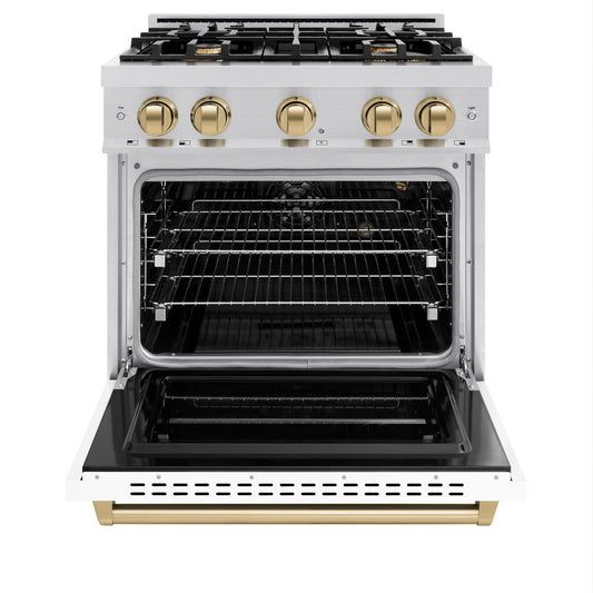 ZLINE 30 in. Classic Gas Range 4.2 cu. ft. 4 Burners Stainless Steel White Matte Door Champagne Bronze Accents (CGRZ-WM-30-CB)