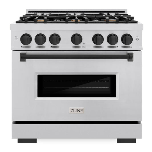 ZLINE 36 in. Gas Range 5.2 cu. ft. 6 Burners Stainless Steel with Matte Black Accents, MODEL CGRZ-36-MB