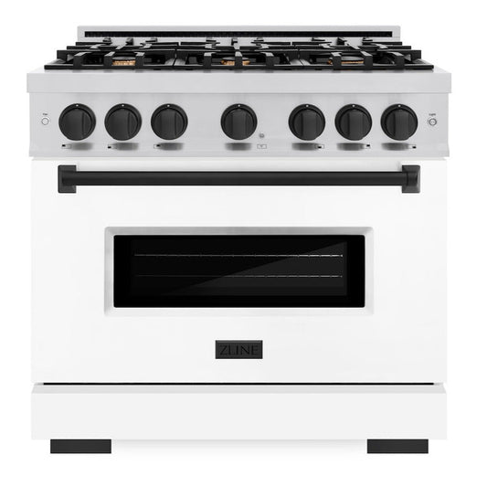 ZLINE 36 in. Gas Range 5.2 cu. ft. 6 Burners Convection Oven Stainless Steel White Matte Door Matte Black Accents (CGRZ-WM-36-MB)