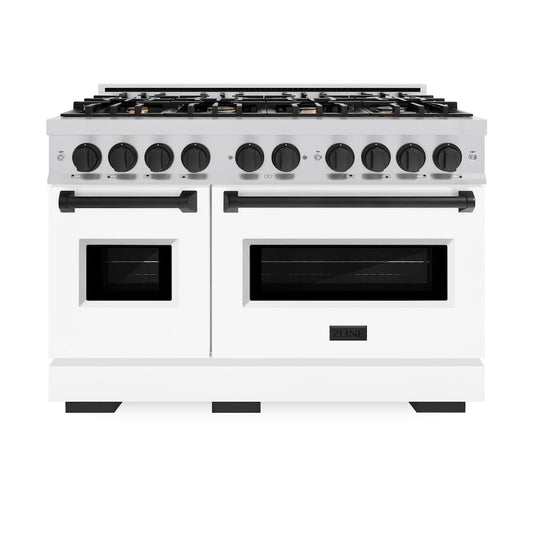 ZLINE Autograph Edition 48 in. 6.7 cu. ft. Classic Double Oven Gas Range with 8 Burners, Stainless Steel with White Matte Doors and Matte Black Accents (CGRZ-WM-48-MB)