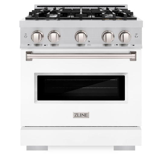 ZLINE 30 in. Gas Range 4.2 cu. ft. 4 Burner Cooktop Convection Oven Stainless Steel with White Matte Door, MODEL CGR-WM-30