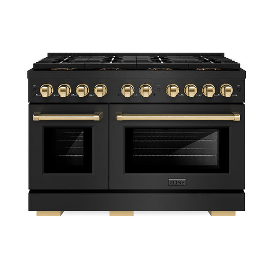 ZLINE 48 in. Dual Fuel Range 6.7 cu. ft. with 8 Burner DuoPro™ Cooktop, Dual Ovens, Black Stainless Steel & Polished Gold Accents (PSDRBZ-48-G)