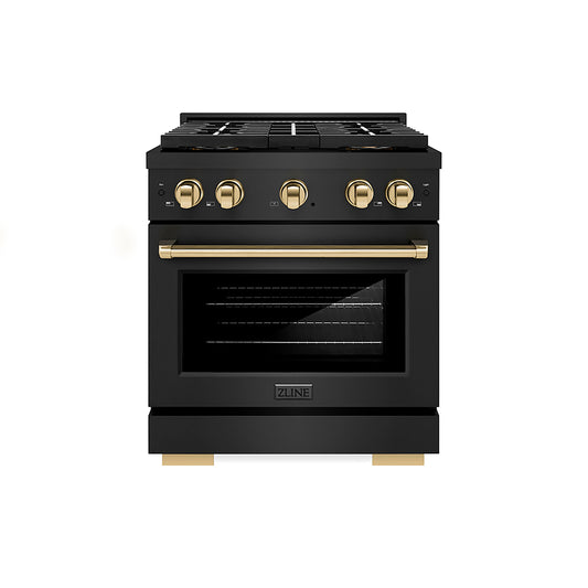 ZLINE 30 in. Gas Range 4.2 cu. ft. 4 Burner DuoPro™ Cooktop Convection Oven Black Stainless Steel Polished Gold Accents (PSGRBZ-30-G)