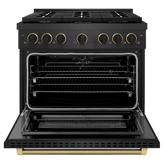 ZLINE 36 in. Dual Fuel Range 5.2 cu. ft. 6 Burner Gas Cooktop Black Satin Stainless Steel Black & Champagne Accents (SDRBSZ-36-MBCB)