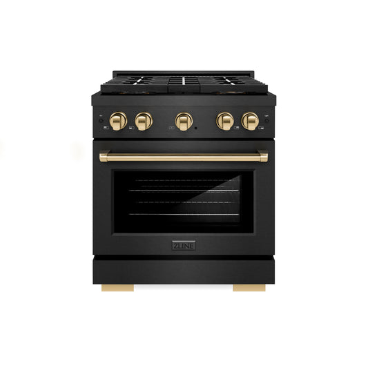 ZLINE 30 in. Dual Fuel Range 4.2 cu. ft. 4 Burner DuoPro™ Cooktop Black Satin Stainless Steel with Polished Gold Accents (PSDRBSZ-30-G)