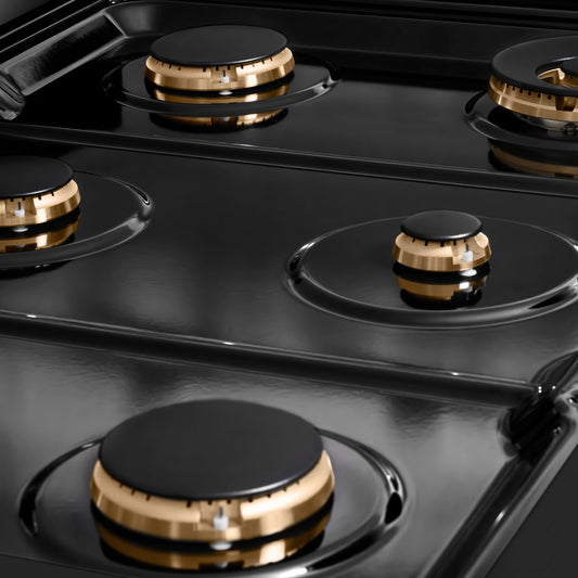 ZLINE 36 in Dual Fuel Range 5.2 cu. ft. 6 Burner Gas Cooktop Electric Convection Oven Black Stainless Steel Champagne Bronze Helix Handles (SDRBZ-36-KCB)