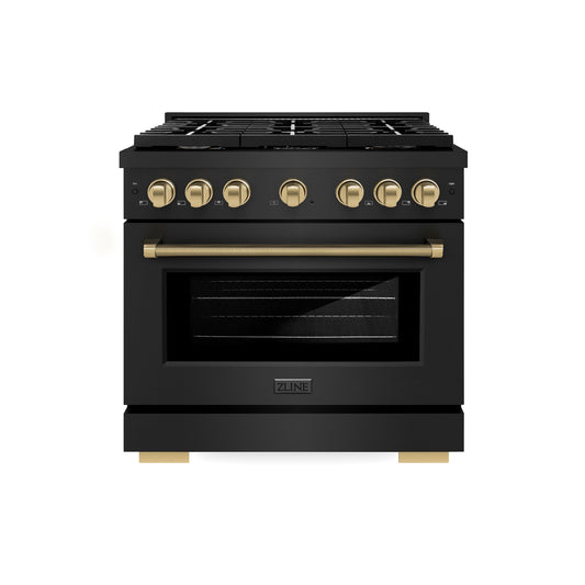 ZLINE 36 in. Gas Range 5.2 cu. ft. 6 Burner Cooktop Convection Gas Oven Black Stainless Steel Champagne Bronze Helix Handle Accents (SGRBZ-36-KCB)