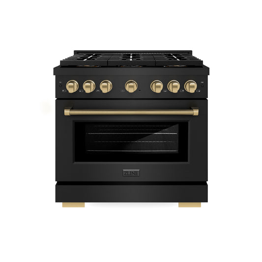 ZLINE 36 in. Gas Range 5.2 cu. ft. 6 Burner DuoPro™ Cooktop Convection Oven Black Stainless Steel Champagne Bronze Accents (PSGRBZ-36-KCB)