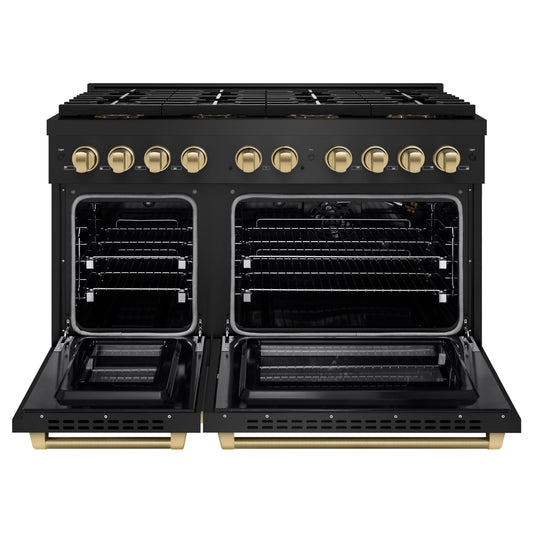 ZLINE 48 in Gas Range 6.7 cu ft 8 Burner DuoPro Dual Oven Black Stainless Steel Champagne Bronze Accents (PSGRBZ-48-KCB)