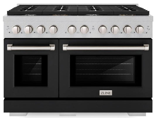 ZLINE Paramount 48 in. 6.7 cu. ft. Double Oven Dual Fuel Range with 8 Burner Gas Cooktop in Satin Stainless Steel with Black Matte Doors (SDRS-BLM-48)