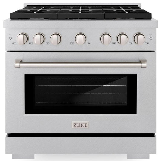 ZLINE Paramount 36" Dual Fuel Range with 6 Brass Burners, Gas Cooktop & Electric Convection Oven, Satin Stainless Steel, 5.2 cu. ft., SDRS-BR-36