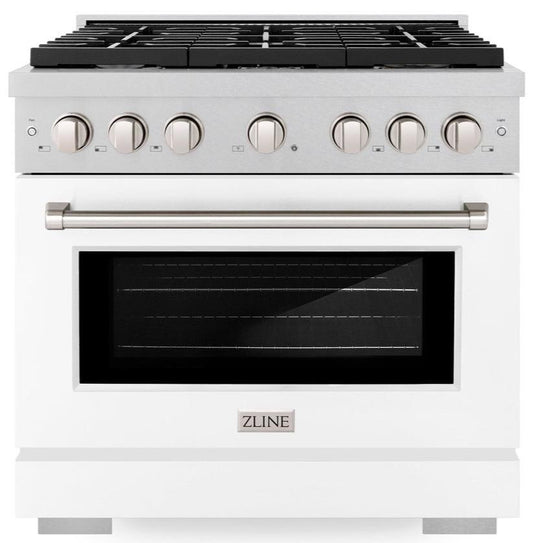 ZLINE Paramount 36 in. Dual Fuel Range with 6 Gas Burners and Electric Convection Oven, 5.2 cu. ft., Satin Stainless Steel with White Matte Door (SDRS-WM-36)