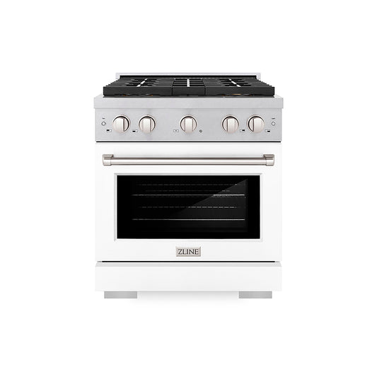 ZLINE 30 in. Dual Fuel Range – 4.2 cu. ft. Capacity, 4 Burner DuoPro™ Cooktop, Electric Convection Oven, Satin Stainless Steel with White Matte Door (PSDRS-WM-30)