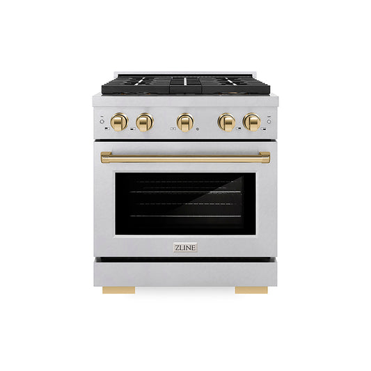 ZLINE 30 in. Dual Fuel Range 4.2 cu. ft. Paramount Series with 4 Burner DuoPro™ Cooktop, Electric Convection Oven, Satin Stainless Steel with Polished Gold Accents (PSDRSZ-30-G)